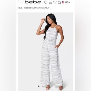 BEBE SMOCKED WAIST HALTER WHITE/BLACK  JUMPSUIT SIZE S